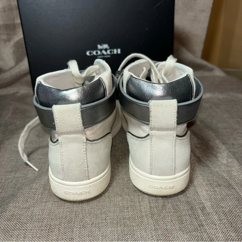 COACH® Sheep Nappa Suede High Top Sneakers White Metallic Silver C213 Size 7.5